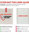 Comparison of genuine Honeywell filter with logo and look-alike filter, highlighting differences in certification and testing.