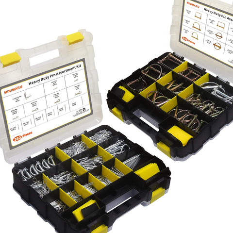 380 Pcs Heavy Duty Pin Kit with square PTO pins, lynch pins, hair pins, R clips, cotter pins, double pins in plastic cases