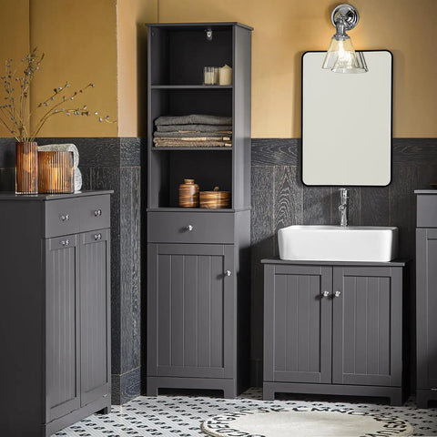 Bathroom Tall Storage Cabinet Freestanding Tower With Shelves And Drawers Multifunctional Corner Unit For Small Spaces Gray Floor Standing Cabinet With Adjustable Shelves Space Saver next to sink