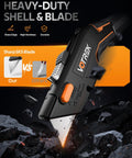 VOTREK box cutter utility knife, black with orange accents, 2-in-1 retractable blade, blade extended (front view)