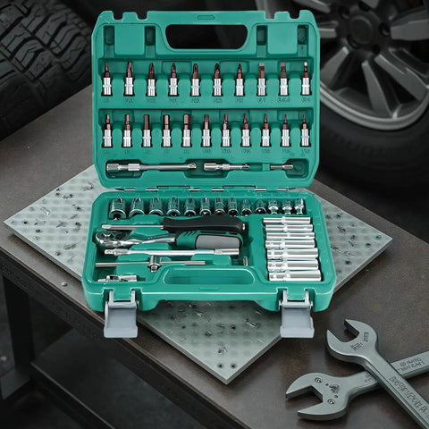 53 Piece Metric Socket Set With 72 Tooth Ratchet Chrome Vanadium Steel Construction Portable Case open on workbench