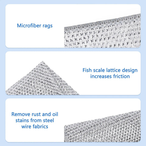 Heavy Duty Non Scratch Steel Wool Dishcloths And Scrubber Pads Kitchen Cleaning Set featuring microfiber rags with fish scale texture.