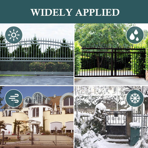 Heavy Duty Gate Hardware Kit For 1-3/8 And 2-3/8 Inch Pipe installed on various outdoor gates, showcasing use in different weather conditions.