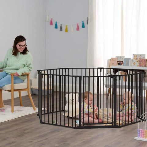 Heavy Metal Super Wide Baby Gate Expands To 192 Inches For Massive Openings with toddlers playing inside an enclosure.