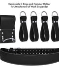 Heavy Duty Full Grain Leather Tool Belt For Men With 17 Pockets Carpenter Rig Organizer Hammer Holder And Foam Padded Belt Four Suspender Loops Ideal For Framers And Electricians with removable D rings and hammer holder.