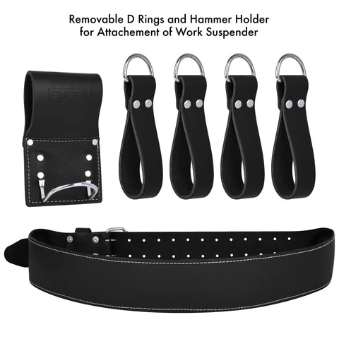 Heavy Duty Full Grain Leather Tool Belt For Men With 17 Pockets Carpenter Rig Organizer Hammer Holder And Foam Padded Belt Four Suspender Loops Ideal For Framers And Electricians with removable D rings and hammer holder.