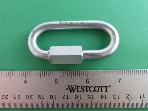 Five Piece Zinc Plated Quick Links Five Sixteenth Inch Eight Millimeter Galvanized Marine Grade Hardware with ruler