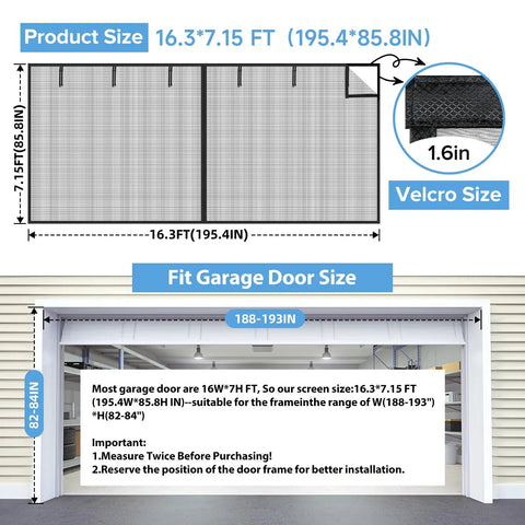 2 Car Garage Door Screen 16x7 Feet Upgraded Pet Mesh Magnetic Closure Heavy Duty Weighted Bottom Hands Free Easy Assembly