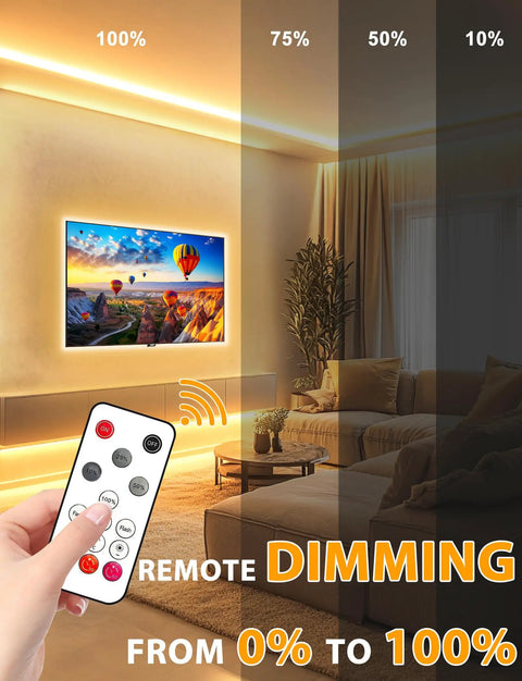 COB LED Strip Lights Pro 16.4Ft Warm White Dimmable Self Adhesive Rope Light With Remote Control in a living room setting