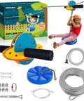 Backyard Zip Line Kit For Kids And Adults With 75 100 120 And 150 Ft Trolley Options 350 Lb Weight Capacity Includes Swing Seat And Stainless Steel Brake And Safety Cable For Ultra Safe Outdoor Fun, showing components and child using zip line.