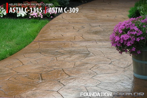 Heavy Duty Solvent Based Acrylic High Gloss Wet Look Cure And Seal For Concrete And Pavers 5 Gallon applied on stamped concrete walkway.