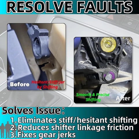 Before and after comparison of shift linkage using Shift Cable Bushing Repair Kit 2-Pack With Clips For OEM 33835-08010 And 33820-02370