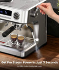 Premium Dual Boiler Espresso Machine With Integrated Grinder And 20 Bar Pressure Smooth Operator Milk Frother Plus Spacious Water Tank Brushed Stainless Steel, showcasing steam frothing milk.