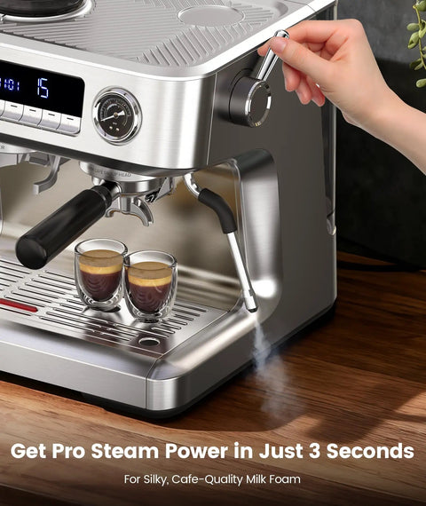 Premium Dual Boiler Espresso Machine With Integrated Grinder And 20 Bar Pressure Smooth Operator Milk Frother Plus Spacious Water Tank Brushed Stainless Steel, showcasing steam frothing milk.