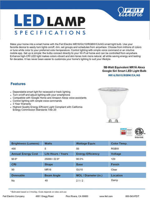 Smart RGBW MR16 LED Bulb 50W Equivalent WiFi Connected No Hub Needed Works With Alexa Google Assistant And Siri 2.4GHz Color Changing Spotlight product sheet