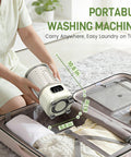 Compact Mini Washing Machine For Underwear And Delicates Portable Design With One Touch Wash Rinse Spin Zero Sweat No Fuss Hands Free Operation, being held and placed in a suitcase.