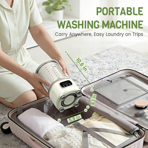 Compact Mini Washing Machine For Underwear And Delicates Portable Design With One Touch Wash Rinse Spin Zero Sweat No Fuss Hands Free Operation, being held and placed in a suitcase.