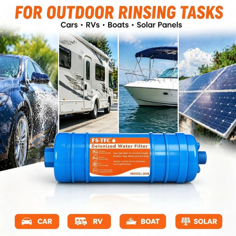 Inline deionized water filter for outdoor rinsing tasks, suitable for cars, RVs, boats, and solar panels.