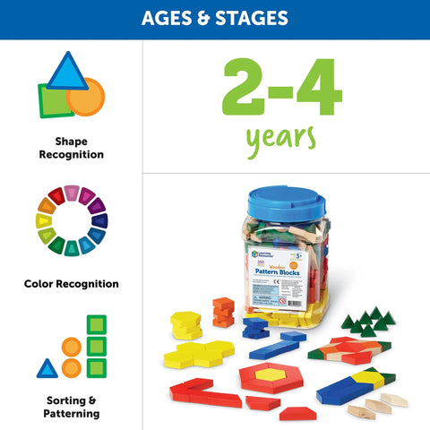 Wooden Pattern Blocks Set For Kids And Classrooms with 250 pieces for shape and color recognition, designed for ages 2-4.