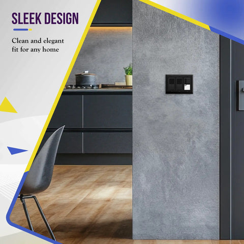 Durable Decorator Light Switch And Receptacle Wall Plate In Gloss Black 3-Gang 4.50 By 6.38 Inches Built Tough installed in kitchen