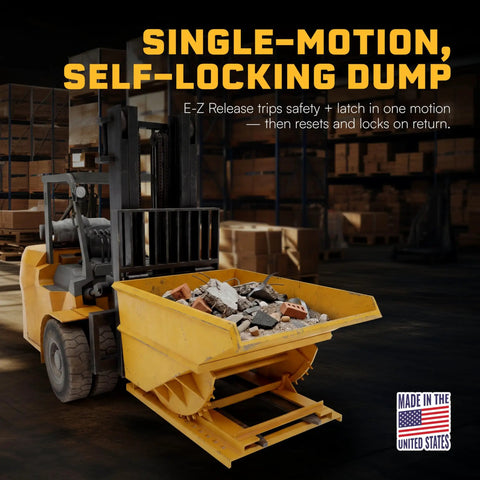 Tough As Nails 3 Yard Self Dumping Hopper Forklift Tilt Skip Handles 8000 Lb Loads Smoothly quick release latch with construction debris
