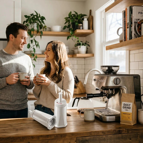 Couple in kitchen with 2 Pack Water Filter Replacement For Breville Espresso Machines Barista Touch BES880 on counter