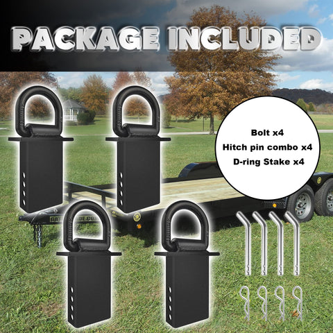 Package contents of Heavy Duty D Ring Stake Pockets Four Pack 18,000 Lb Break Strength Removable Tie Downs with new trailer