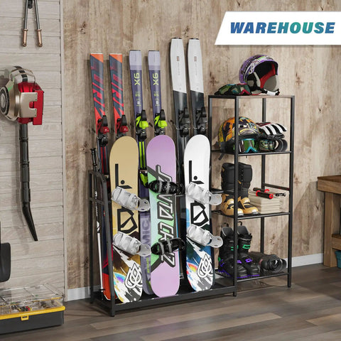 Freestanding Ski And Snowboard Rack Keeps Your Gnarly Shred Gear Totally Organized Holds three boards and four sets of skis with gear.