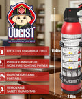 Two Pack Portable ABC Fire Extinguisher Spray For Home And Car 1.32 Lb Each on a wooden table with instructional label.
