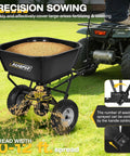 Tow Behind Broadcast Spreader For Lawn And Garden With 130 Lb Hopper, Adjustable Flow Control, 12 Ft Spread Width, attached to ATV
