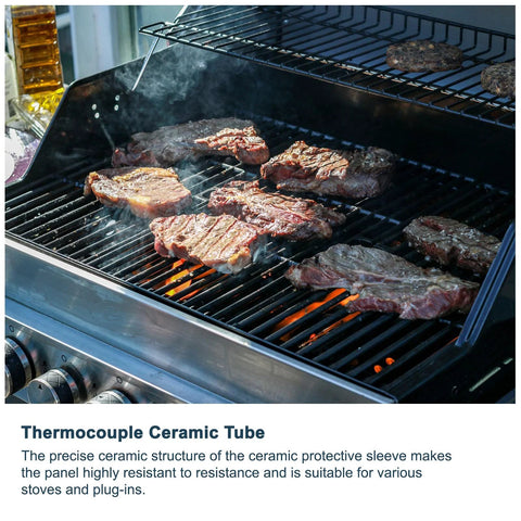 Front view of a stainless steel gas grill cooking several steaks on the grates.