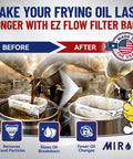 Before and after of Heavy Duty Deep Fryer Oil Filter Bag And Frame For Restaurants Reusable Grease Strainer during oil filtering.