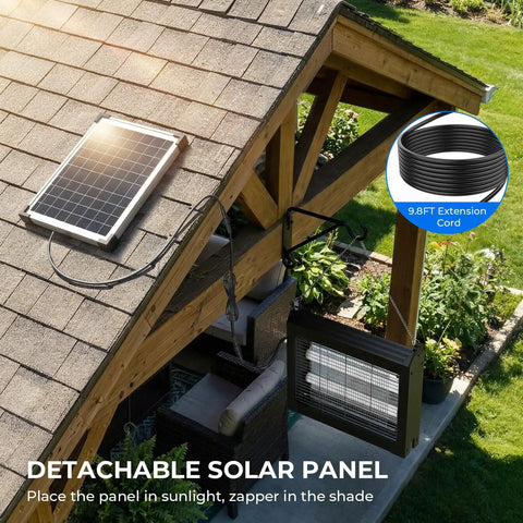 Outdoor Solar Bug Zapper With 4500V Electric Grid And 10W Solar Panel installed on pergola, showing detachable solar panel