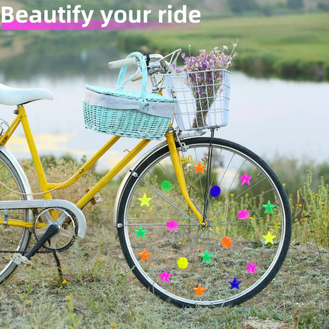 Colorful Bike Wheel Spoke Beads Set With Round And Star Shapes, 72 Pieces With Plastic Storage Box Included on a yellow bicycle