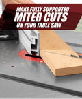 Tough As Nails Aluminum Miter Fence Compatible With Table Saws Featuring Quick Release Flip Stop And Dual Rulers For Dead On Precision And Zero Hassle Workflow on a table saw with wood piece.