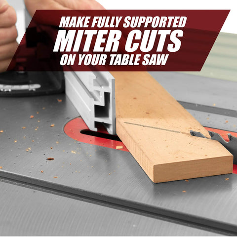 Tough As Nails Aluminum Miter Fence Compatible With Table Saws Featuring Quick Release Flip Stop And Dual Rulers For Dead On Precision And Zero Hassle Workflow on a table saw with wood piece.