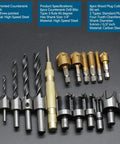Premium Wood Chamfer Tool Set With Eight Killer Wood Plug Cutter Bits And Seven Dead Nuts Accurate Countersink Drill Bits Paired With Six Five Flute Ninety Degree Precision Drills Plus A Heavy Duty L Wrench For No Sweat Carpentry Builds arrangement of high-speed steel countersink and plug cutter drill bits in varying sizes