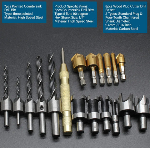 Premium Wood Chamfer Tool Set With Eight Killer Wood Plug Cutter Bits And Seven Dead Nuts Accurate Countersink Drill Bits Paired With Six Five Flute Ninety Degree Precision Drills Plus A Heavy Duty L Wrench For No Sweat Carpentry Builds arrangement of high-speed steel countersink and plug cutter drill bits in varying sizes