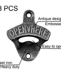 Close-up of Vintage Cast Iron Beer Bottle Opener Wall Mounted Screw Post Set With Antique Aged Silver Finish, embossed design.