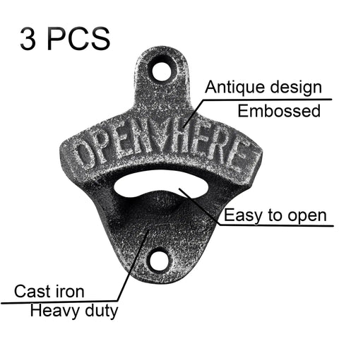 Close-up of Vintage Cast Iron Beer Bottle Opener Wall Mounted Screw Post Set With Antique Aged Silver Finish, embossed design.
