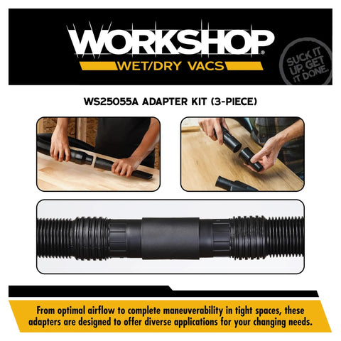 Beef Up Your Shop Vac With This Three Piece Wet Dry Vacuum Adapter Kit Includes Two And A Half Inch To One And Seven Eighth Inch Adapter And One And Seven Eighth Inch To One Quarter Inch Adapter With A Hose Connector displayed on a table.