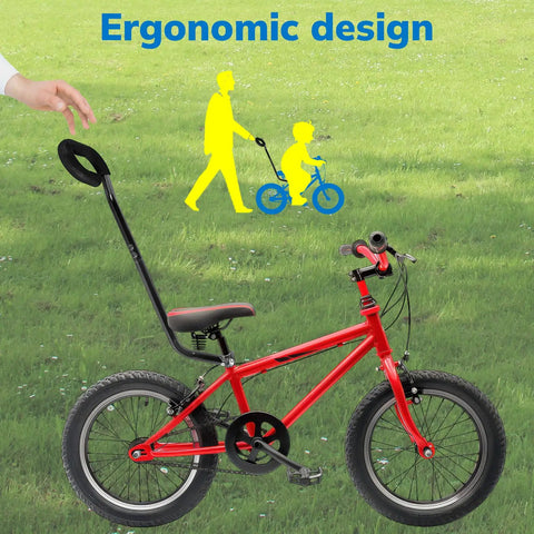Kids Bike Safety Trainer Handle And Balance Push Bar For Learning To Ride attached to red bike, black finish
