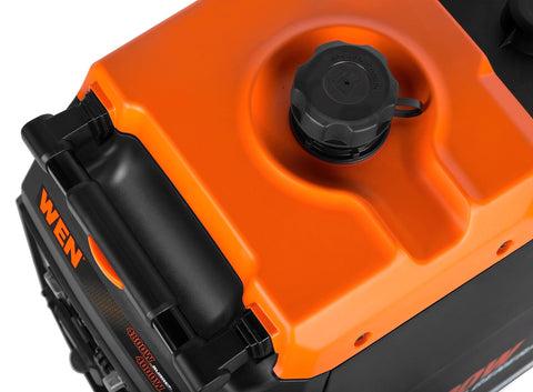 Top view of Quiet And Lightweight 4800 Watt RV Ready Portable Inverter Generator with orange fuel tank and handle