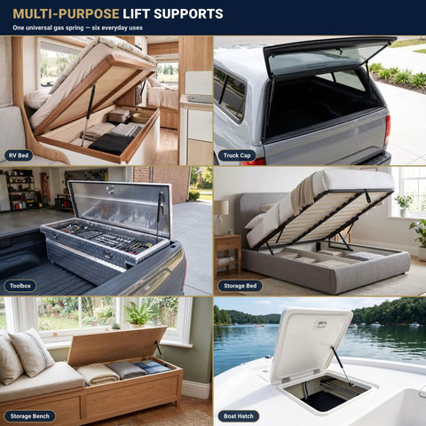 Beefy Heavy Duty 12 Inch 30 Lb Gas Strut Lift Supports used in RV bed, truck cap, toolbox, storage bed, storage bench, boat hatch