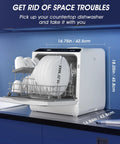 Ultra Compact Countertop Portable Dishwasher With No Hookup Setup Runs Smooth To Clean Forty Plus Dishes Fast, side view showing internal rack with dishes and dimensions.