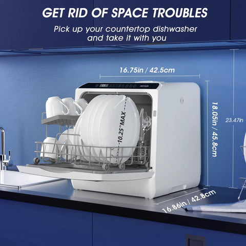 Ultra Compact Countertop Portable Dishwasher With No Hookup Setup Runs Smooth To Clean Forty Plus Dishes Fast, side view showing internal rack with dishes and dimensions.