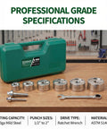 No Sweat Heavy Duty Ratchet Knockout Hole Punch Driver Kit 1 2 To 2 Inch Manual Knockout Tool with six conduit dies and wrench.