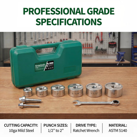 No Sweat Heavy Duty Ratchet Knockout Hole Punch Driver Kit 1 2 To 2 Inch Manual Knockout Tool with six conduit dies and wrench.