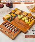 Personalized Acacia Wood Charcuterie Board Set With Heavy Duty Stainless Steel Knives - Custom Engraved Cheese Board Tray For Weddings Housewarmings Dope Hosting Essentials That Slays Every Hangout with assorted cheeses, meats, and snacks.