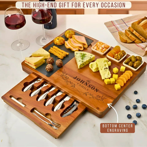 Personalized Acacia Wood Charcuterie Board Set With Heavy Duty Stainless Steel Knives - Custom Engraved Cheese Board Tray For Weddings Housewarmings Dope Hosting Essentials That Slays Every Hangout with assorted cheeses, meats, and snacks.